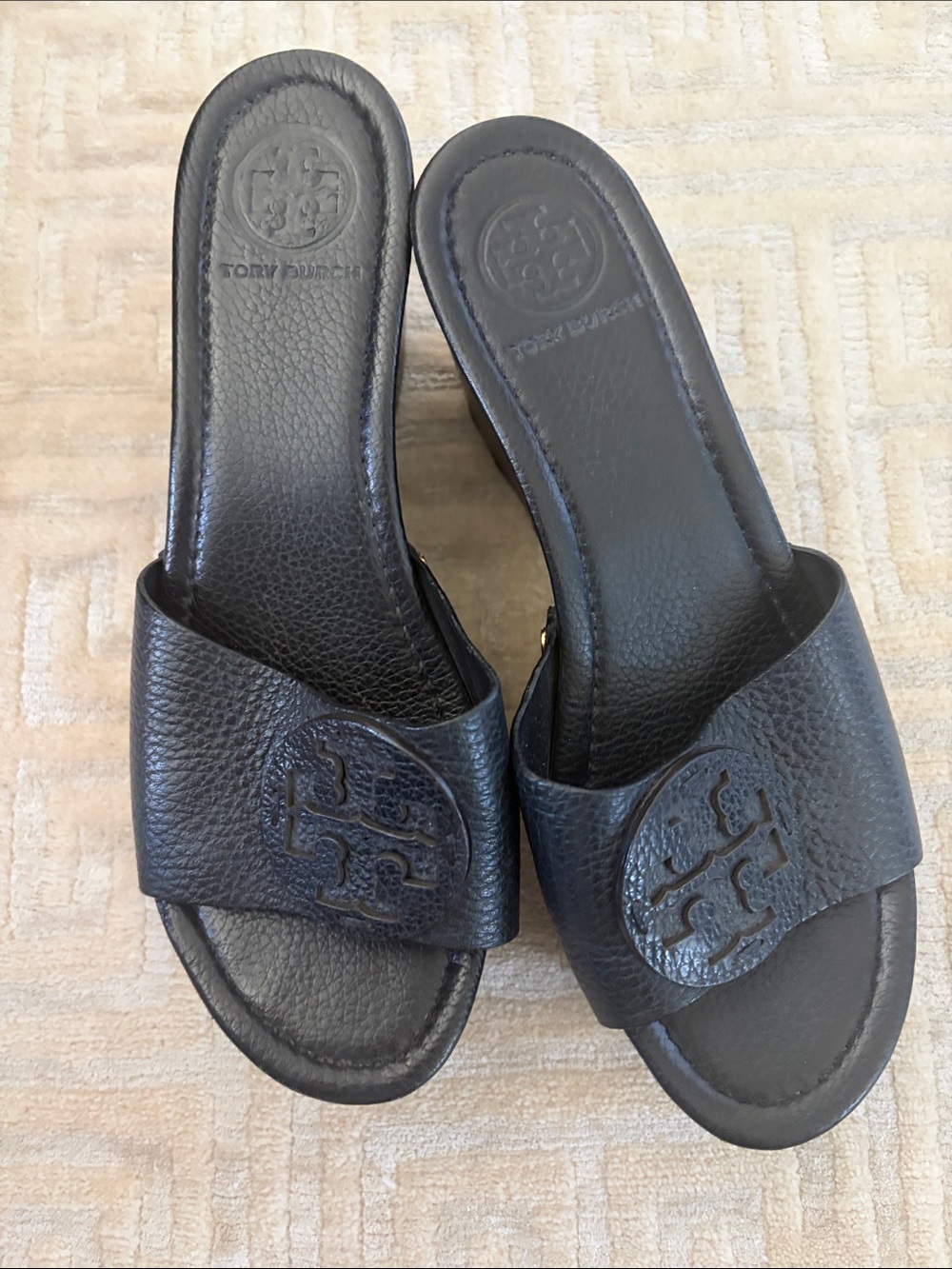 Tory Burch Black Leather Logo Slide Sandals size 38